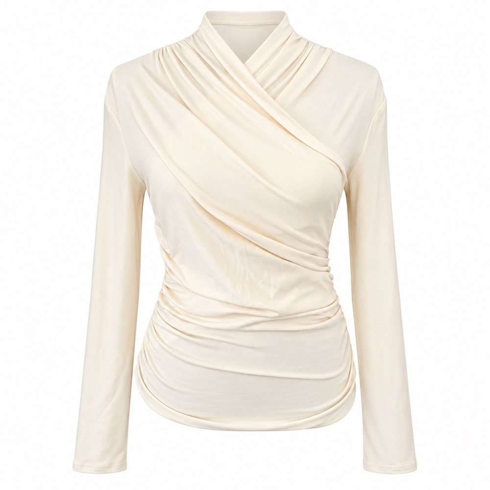 NWT COMMENSE Womens Sz S Ruched Cinched Pleated Surplice Long Sleeve Stretch Top